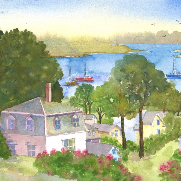 Stonington Maine, Stonington Maine Harbor View, Stonington watercolor, watercolor Blank Card, Stonington Matted 5x7" print, six card set