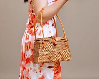 Bolsa de vime trançado à mão com alça superior - Bolsa boho para praia e verão