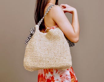 Bolsa de palha trançada e ráfia - Bolsa de ombro de crochê estilo boho para praia e verão