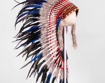 Chapéu de penas azuis - Cocar indígena - Cocar de penas - Decoração de parede indígena - Fantasia de cosplay para festival de Halloween - Comprimento longo