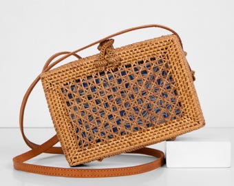 Bolsa de vime com carteira de rede - Bolsa de verão feita à mão - Bolsa de palha feminina - Presente para ela - Bolsa de praia transversal - Bolsa de ombro balinesa - Bolsa boho trançada
