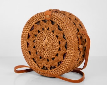 Brown Braid Round Rattan Bag - Handmade Summer Bag - Women Straw Bag - Gift For Her - Crossbody Beach Bag - Bali Purse - Handwoven Boho Bag