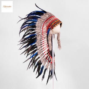 Cappello di piume blu - Copricapo indiano - Copricapo da guerra di piume - Decorazione murale indiana nativa - Costume da cosplay di Halloween per festival - Lungo
