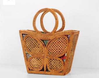 Bolso de ratán con mariposas - Bolso de verano moderno - Bolso de paja para mujer - Regalo para ella - Bolso de playa con asa - Monedero de ratán Bali - Bolso bohemio