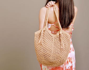 Bolsa de palha de ráfia trançada à mão - Bolsa de ombro boho de crochê para praia e verão