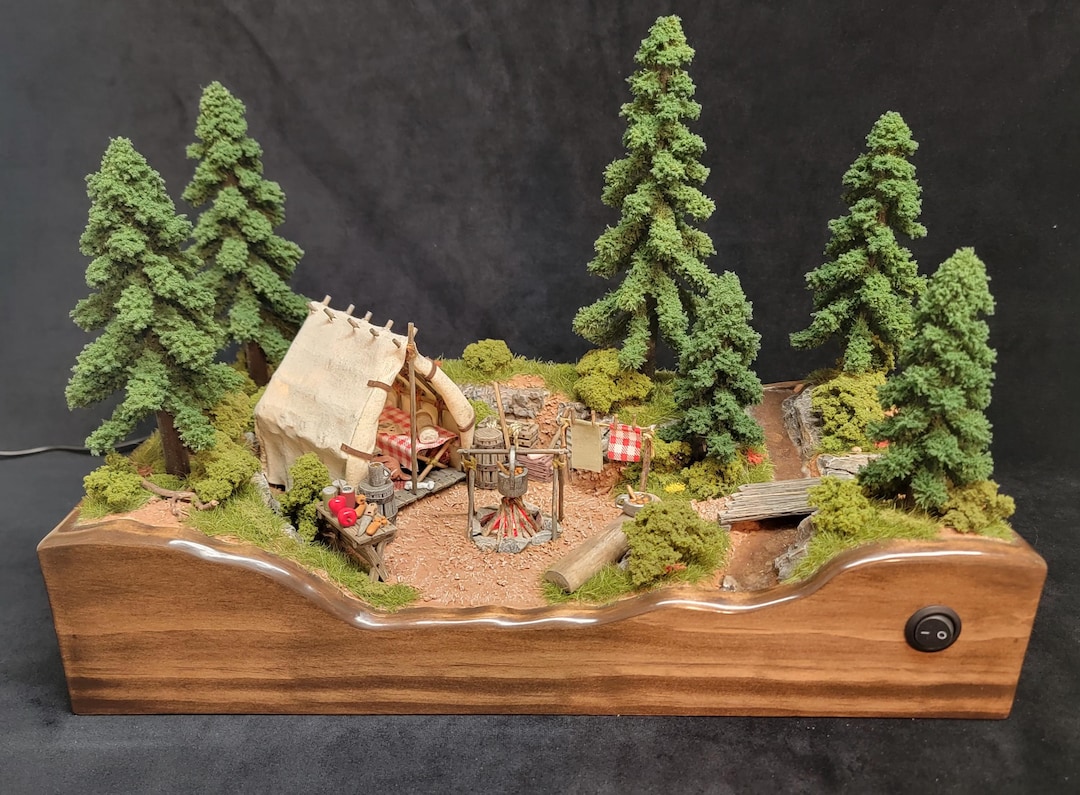 Handmade Wilderness Campsite Diorama, Light-up Forest Scene, Rustic ...