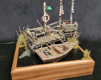Miniature Fishing Dock Diorama with Boat, Handmade Coastal Scene, Light-Up Display Piece