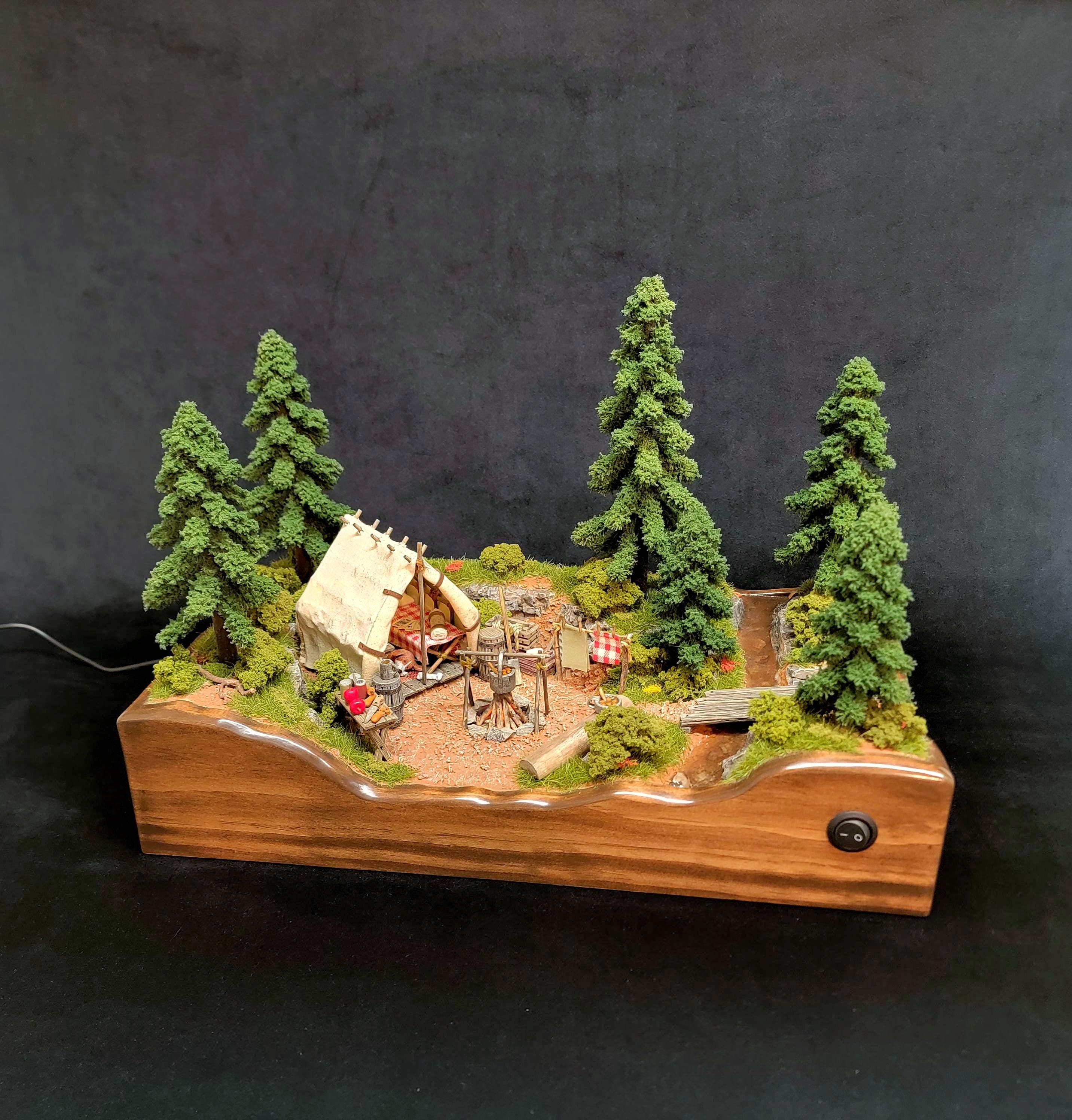 Gone Camping - Original Handcrafted Wilderness Campsite Diorama, Light-Up Forest Scene, Rustic Woodland Decor