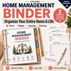 May include: A home management binder with the text "Home Management Binder" and "Organise Your Entire Home & Life". Includes sections for home, budget, cleaning, and planning. Features a house graphic and planning sheets.