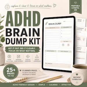 Zestaw do nauki ADHD Brain Dump Kit, organizer myśli, planer produktywności (wersja cyfrowa)