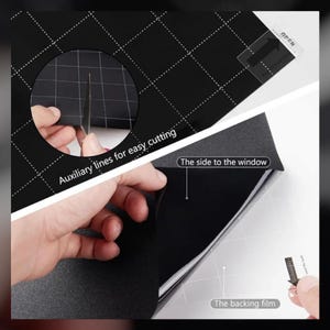 May include: A black window tint film with grid lines for easy cutting. The film has a backing film that peels off to reveal the adhesive side. The side with the grid lines is the side to be applied to the window.