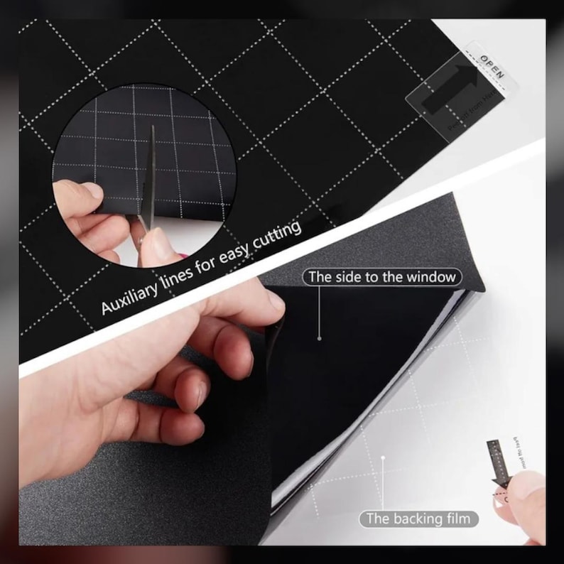 May include: A black window tint film with grid lines for easy cutting. The film has a backing film that peels off to reveal the adhesive side. The side with the grid lines is the side to be applied to the window.