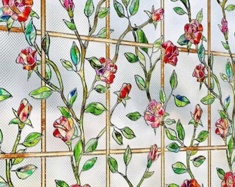 May include: A decorative window film featuring a floral design. Red and pink roses and buds are intertwined with green leaves and brown stems. The design is set against a grid pattern with gold-colored lines.