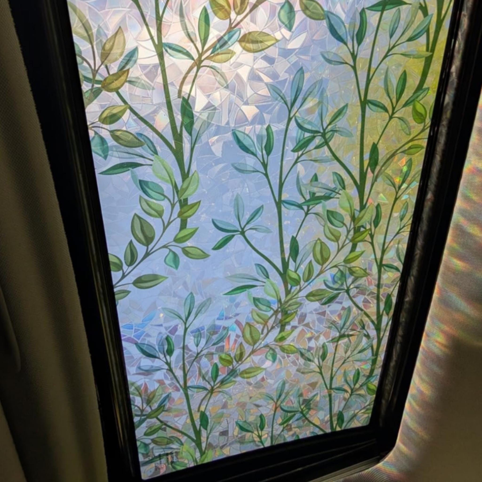 Leaf Rainbow Stained Glass Window Film 17.5x78.7 Inch, Non-Adhesive Privacy Window Cling, Removable Decorative Static Glass Sticker