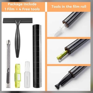 May include: A package containing a black film roll and four tools: a squeegee, a utility knife, a spray bottle, and a ruler. The text "Package Include 1 Film + 4 Free tools" is printed on the top left corner of the image. The text "Tools in the film roll" is printed on the top right corner of the image. The ruler has the text "11mm/1500" printed on it.