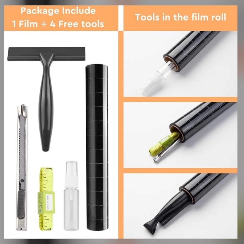 May include: A package containing a black film roll and four tools: a squeegee, a utility knife, a spray bottle, and a ruler. The text "Package Include 1 Film + 4 Free tools" is printed on the top left corner of the image. The text "Tools in the film roll" is printed on the top right corner of the image. The ruler has the text "11mm/1500" printed on it.