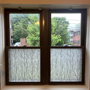 May include: A double-hung window with a dark brown frame. The window panes feature a frosted film with a pattern of tree branches and leaves. The view outside shows green trees, a brick building, and a car.