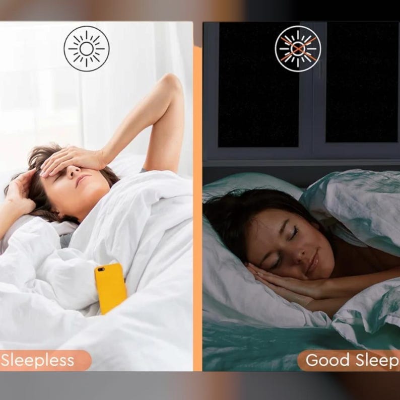 May include: Two images showing the difference between a sleepless night and a good night's sleep. The first image shows a person in bed with their eyes closed, looking distressed. The second image shows a person sleeping soundly in bed. The first image has a sun icon with a line through it, while the second image has a moon icon with a line through it.