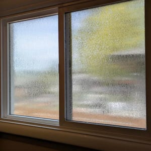 May include: A double-pane window with a white frame. The glass is frosted, obscuring the view of the outside. The exterior shows a blurred view of a blue sky, green and yellow foliage, and a brown surface.