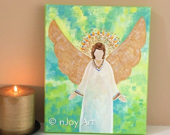 Angel Painting, Angel with Gilded Wings, original acrylic art, 8x10 inch canvas wall art, inspirational art, angel painting