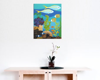 Fish World, Panel 1, 11x14 inch tropical reef fish acrylic painting on canvas, coastal theme, beach decor