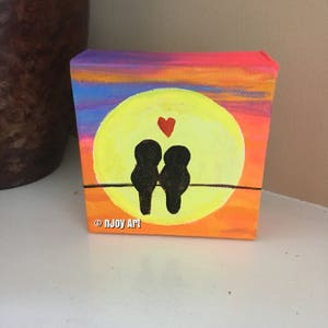 Love birds at sunset, 4 inch mini acrylic painting, romantic art gift