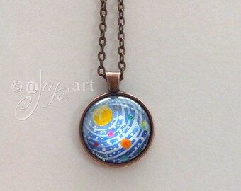 Handpainted Solar System Pendant with necklace, original acrylic painting under glass, mini art, NOT A PRINT