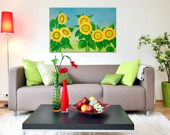 Sunflowers and Bees, acrylic painting, 36x24 inch gallery wrapped canvas, large wall art