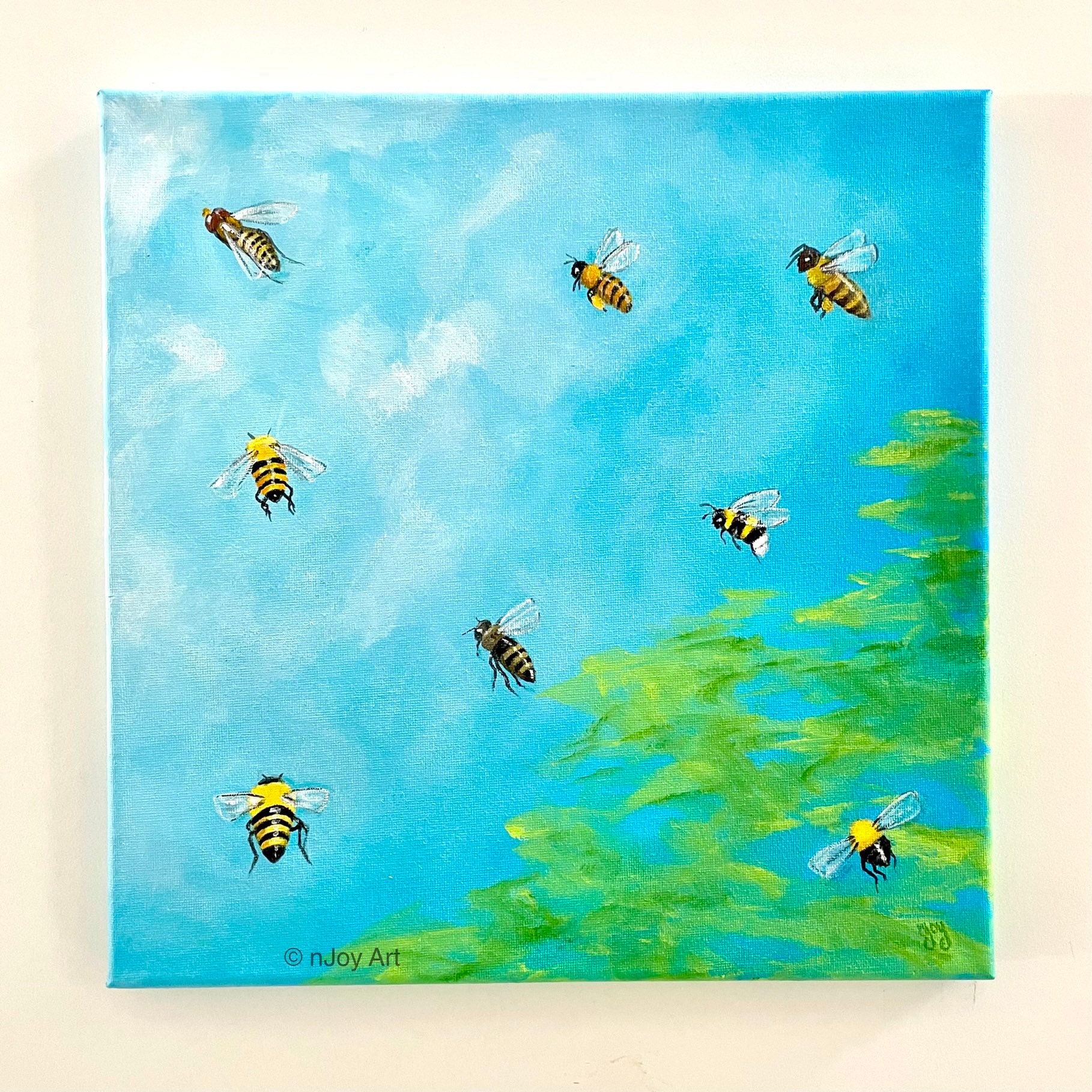 【塗料画材屋bee 】 Bees, 12 Inch Square Acrylic Painting on Canvas, Bee
