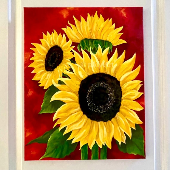 Sunflowers on Red Painting, 16x20 Acrylic Canvas Original Art - Etsy