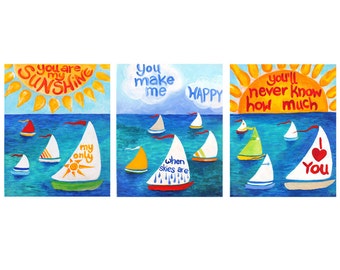 You Are My Sunshine Sailboat Wall Art For Kids, Set of Three 16x20 prints, Sailboat Themed Nursery Decor, Baby Boy Nautical Room