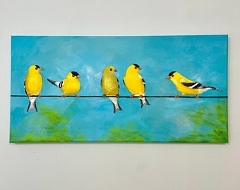 Goldfinches on a Wire, acrylic painting, 20x10  inch gallery wrapped canvas, home decor, bird art