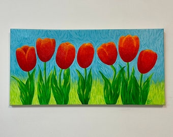 Red Tulips, acrylic painting, 20x10 inch gallery wrapped canvas, floral home decor