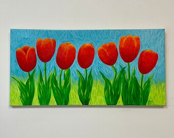 Tulipani rossi, dipinto acrilico, tela con bordi dipinti 20 x 10 pollici, decorazione floreale per la casa