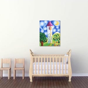 Rapunzels Tower art print for baby girls nursery, 16x20 inch princess theme art print for kids, childrens decor, girl room