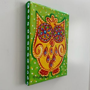 Sugar Skull Owl painting, 5x7 inch small acrylic canvas for home or office. image 2