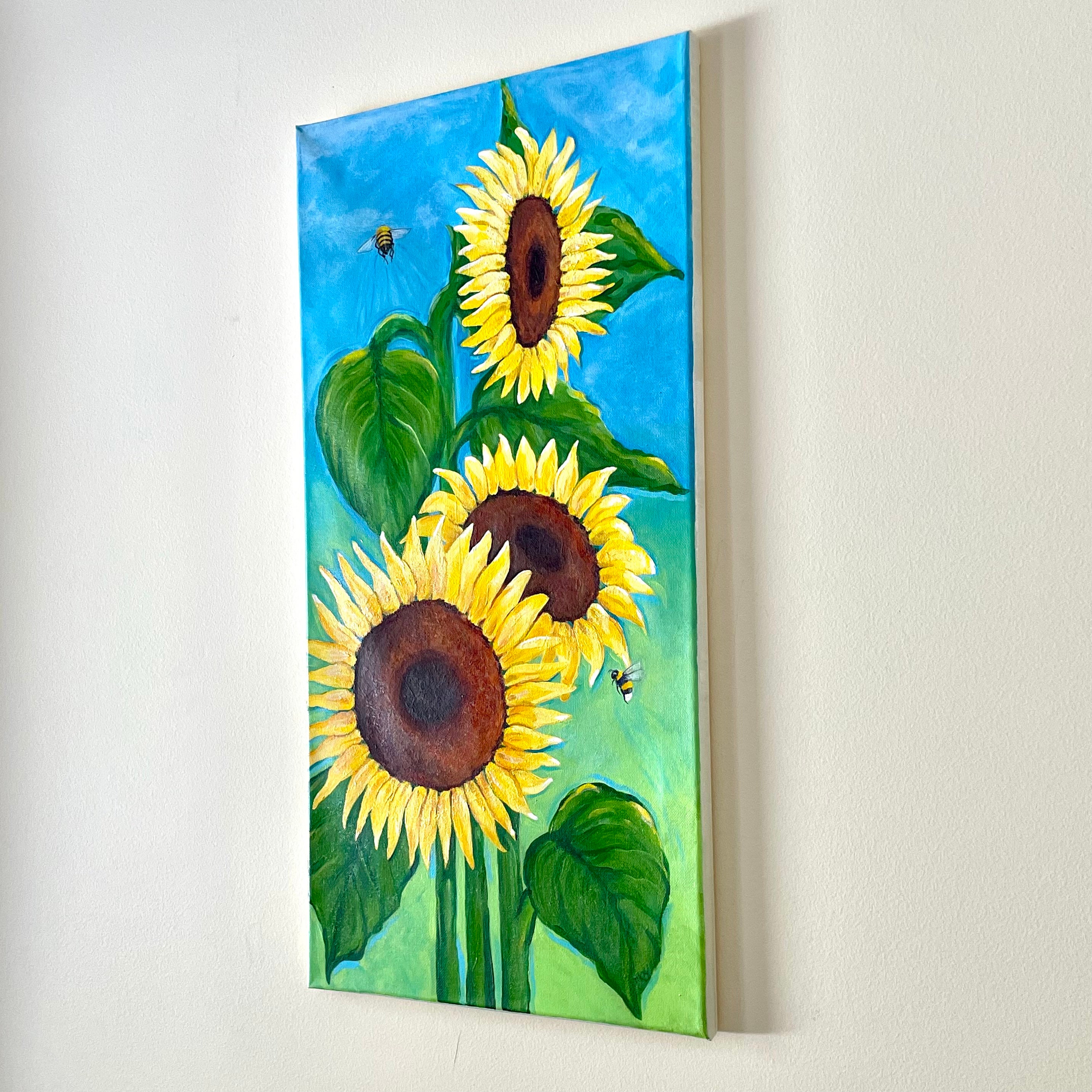 Sunflowers With Bees, 12x24 Inch Original Acrylic Canvas Painting