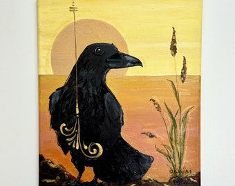 Raven Sunset acrylic painting, 8x10 mixed media acrylic art  on canvas.