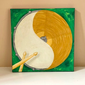 Drum Cymbal Yin Yang painting, acrylic 12 inch square drum art, music themed wall decor