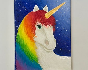 Rainbow Unicorn Under Stars, 16X20 inch acrylic painting for childrens room
