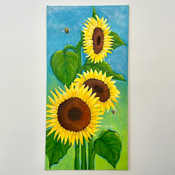 Sunflowers With Bees, 12x24 Inch Original Acrylic Canvas Painting