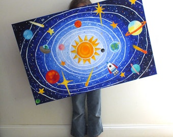 Solar System Painting, custom children's space painting, 36"x24" personalized made to order acrylic on gallery wrapped canvas, art for kids