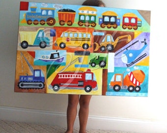 Custom Truck & Car Painting, Transportation Art, 36x24 inch acrylic canvas, Personalized Wall Art for Kids