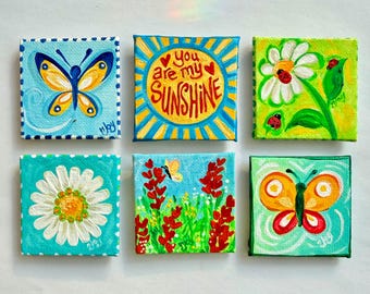 You Pick 1 Mini Art Magnet, butterfly and flower paintings made into magnets, Choose 1 of the original acrylic canvas paintings shown.