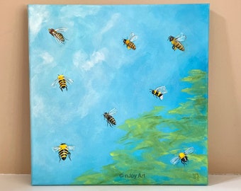 Bees, 12 inch square acrylic painting on canvas, bee painting, bee decor, yellow and blue painting of bees