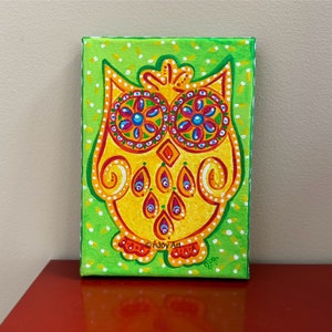 Sugar Skull Owl painting, 5x7 inch small acrylic canvas for home or office. image 1