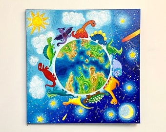 Dinosaur Planet painting, whimsical 20 inch square acrylic painting of dinoraurs marching around a planet in space, dinosaur art for kids