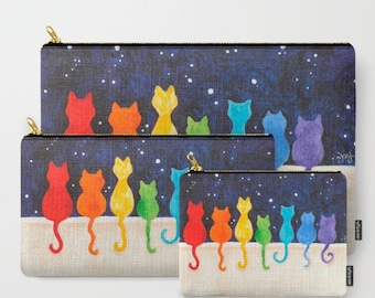 Rainbow Cats on A Wall, Zippered Pouch, Makeup Bag, Pencil Case, Toiletry Bag