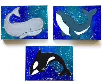 Whales, set of three 5x7 inch acrylic paintings, orca, sperm whale, humpback whale wall decor