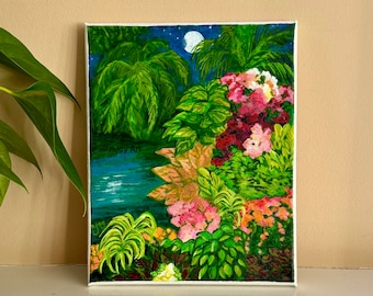 Moonlit Tropical Garden painting, 8x10 inch acrylic art, tropical decor